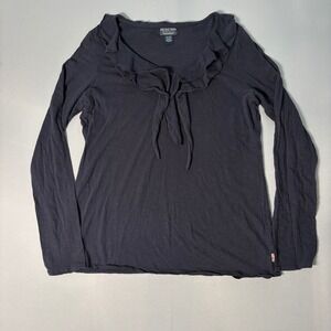 Polo Jeans Co Ralph Lauren Navy Blue Ruffle Tie Neck Slub Cotton Top XL